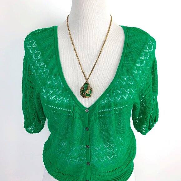 Free People Tops - Free People Green Open Knit Short Sleeve Crop Top V-Neck Sz L